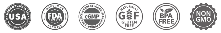 Made in USA, 100% natural, FDA registered, GMP certified badges.